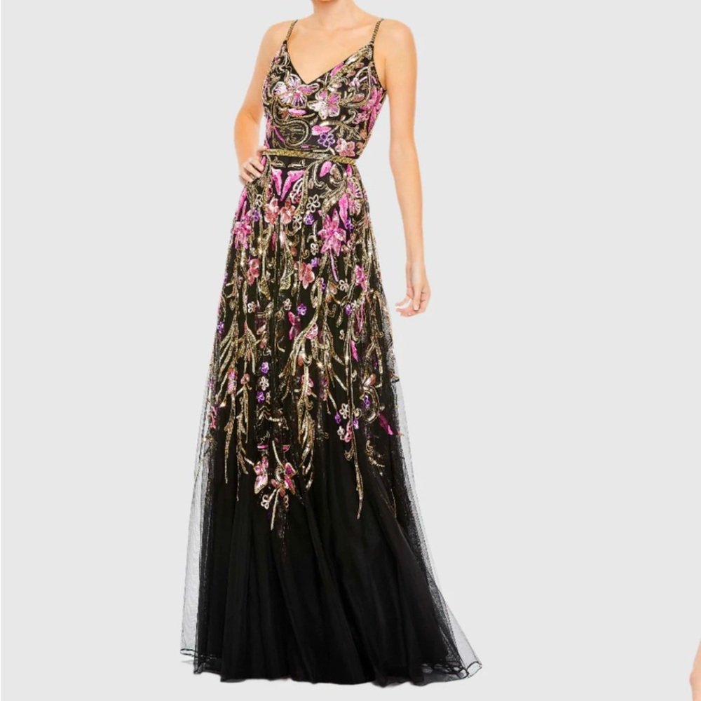 Mac Duggal Spaghetti Straps Floral Dress 2 Black Multi #5671